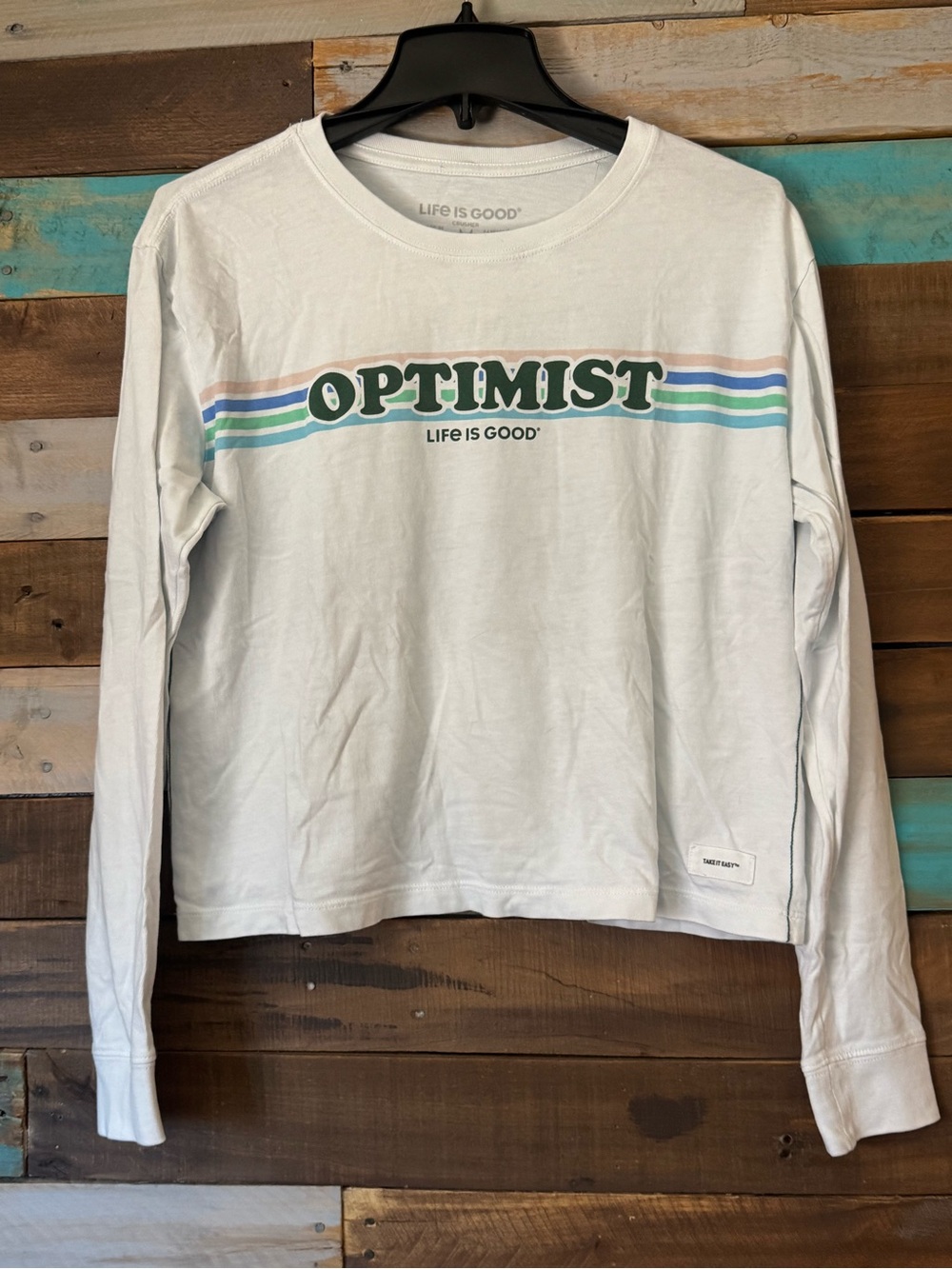 Life is Good White Optimist Retro Stripe Boxy Crusher Long Sleeve Crop |Size M
